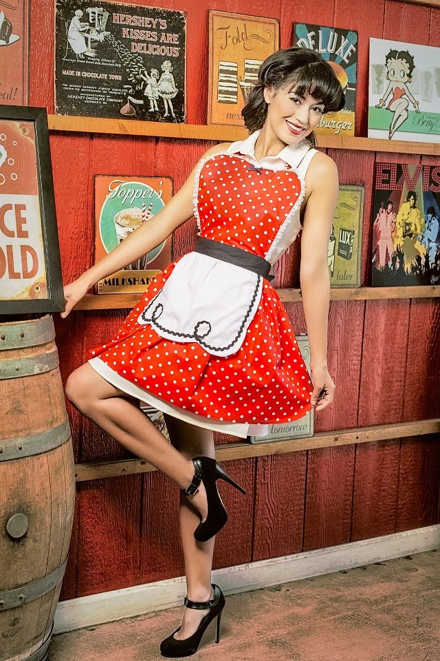 apron  LUCY style ...... Retro fifties red polka dot apron black details a sexy hostess gift is vintage 50s inspired womens full