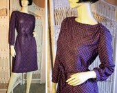 70's Mod Dress Cool Purple Black Geometric Print S M