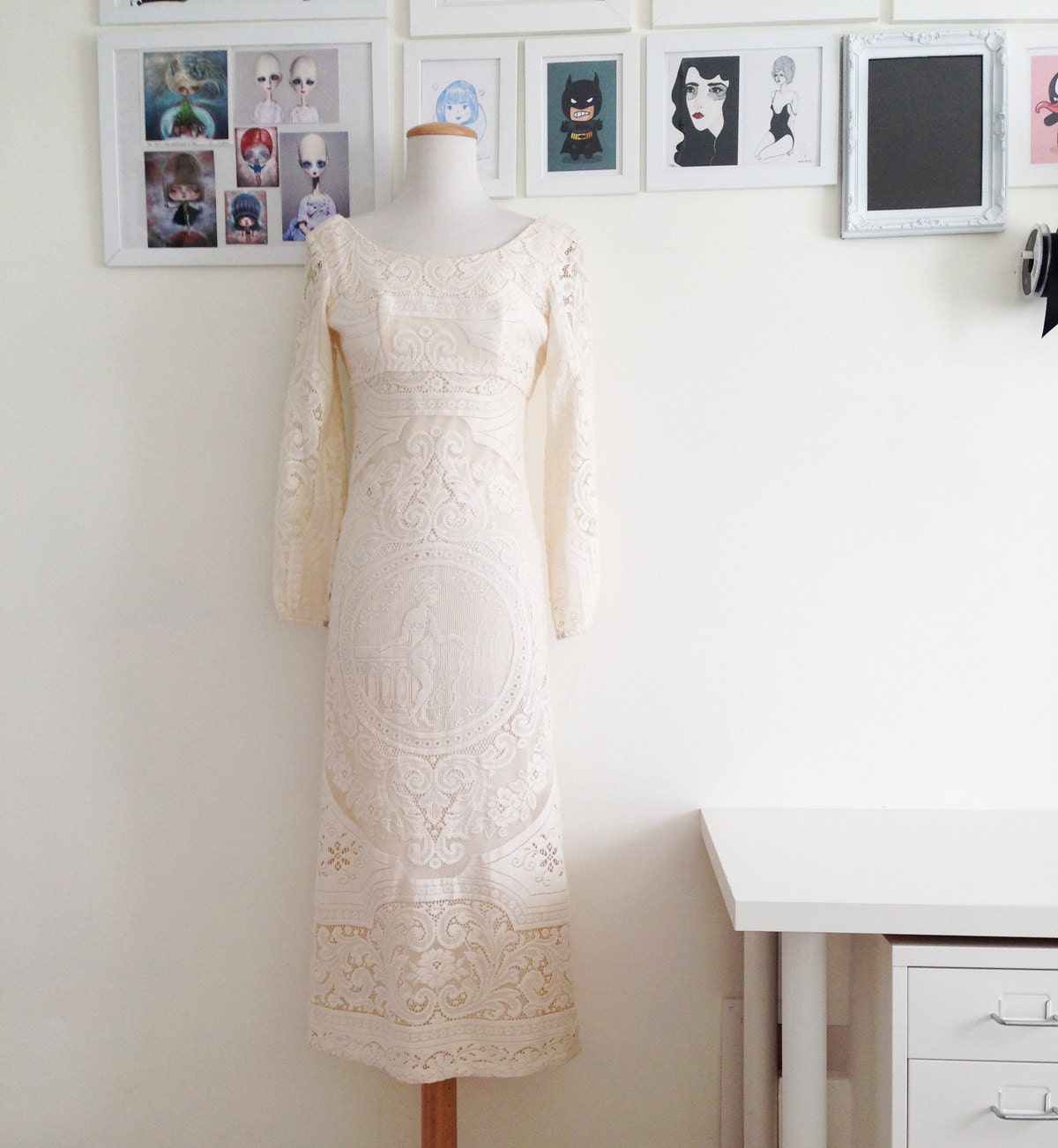 VINTAGE 1970s Lace A-line Midi Dress