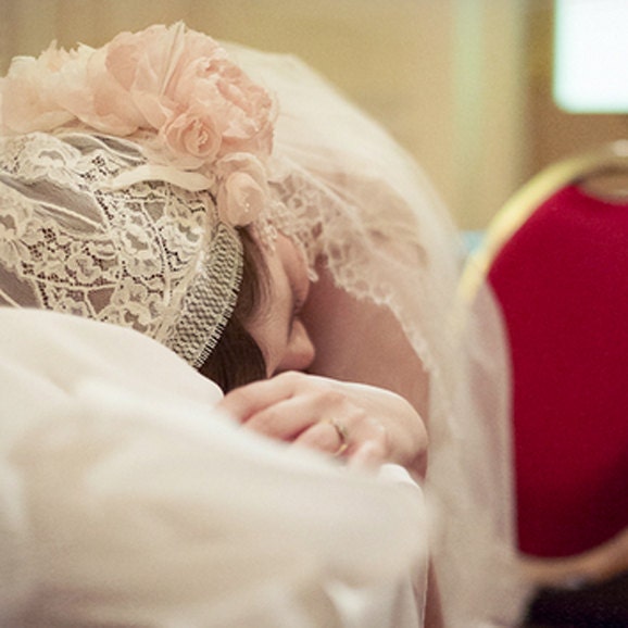 Pastel Blush Juliet Bridal Cap Chantilly Lace Silk Veil 740