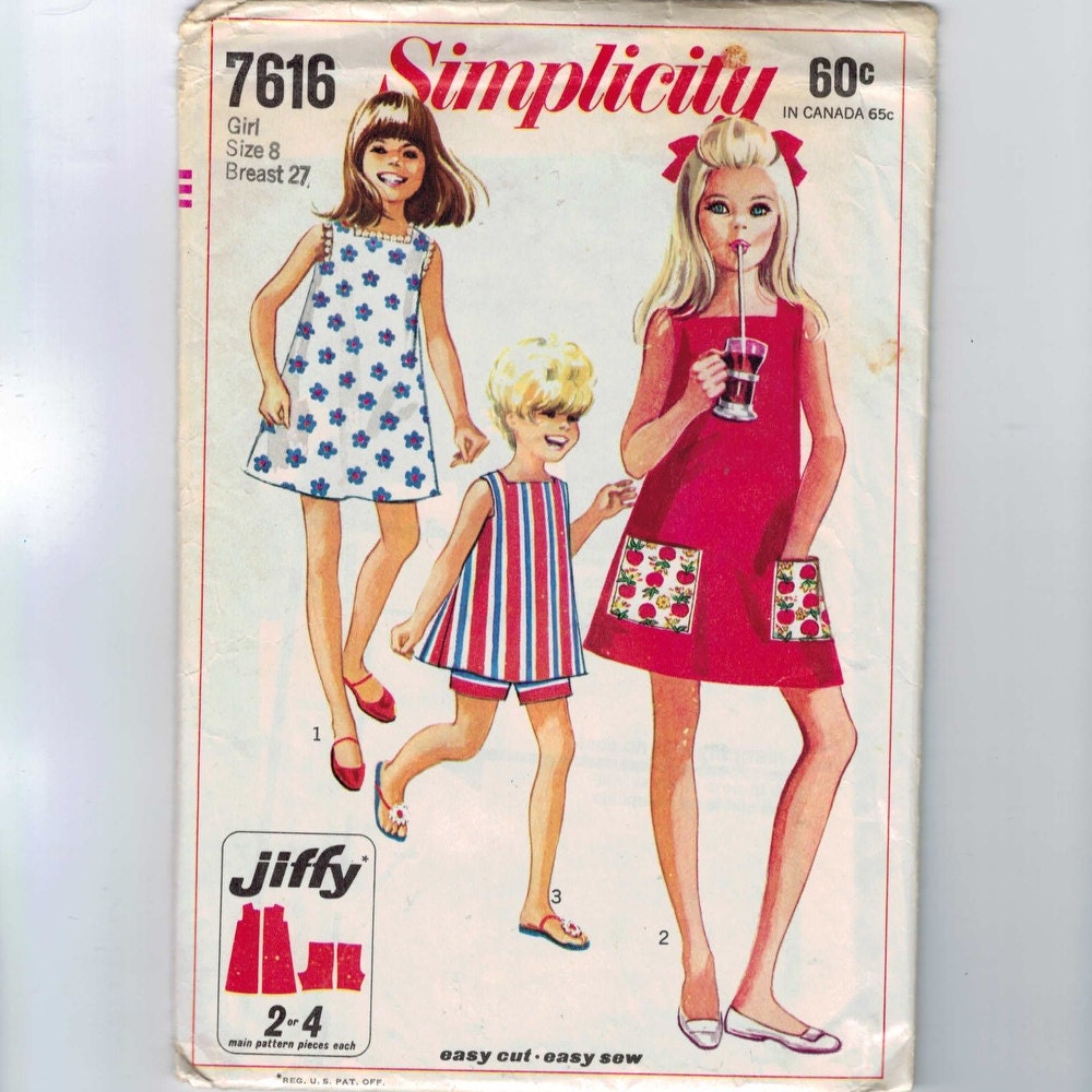 1960s Vintage Girls Sewing Pattern Simplicity 7616 Jiffy A Line Sundress Easy Size 8 Breast 27 1965 60s