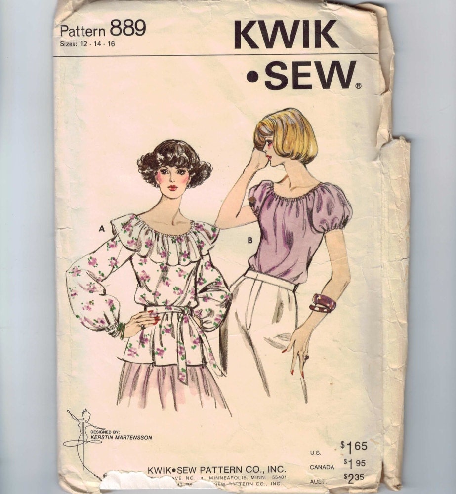 1980s Vintage Sewing Pattern Kwik Sew 889 Misses Puff Sleeve Peasant Blouse Size 12 14 16 Bust 37 38 1/2 40 UNCUT 80s