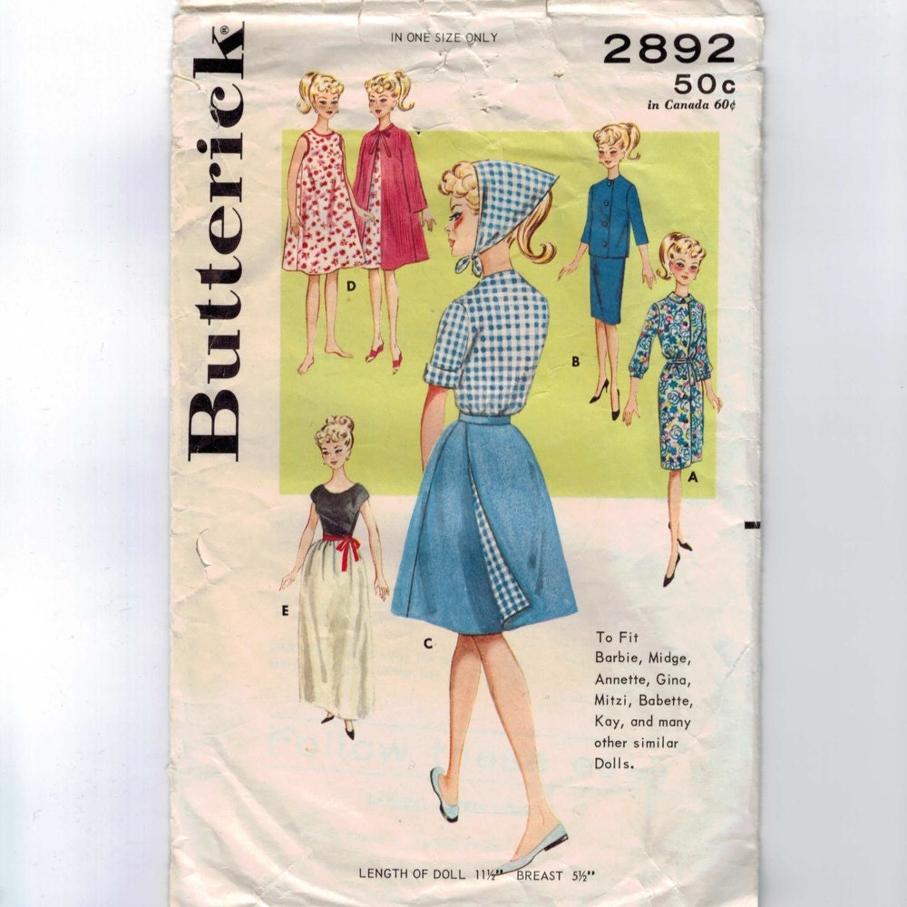 1960s Vintage Sewing Pattern Butterick 2892 11 1/2 Inch Fashion Doll Clothes Barbie Midge Dress Skirt Suit Kerchief 60s