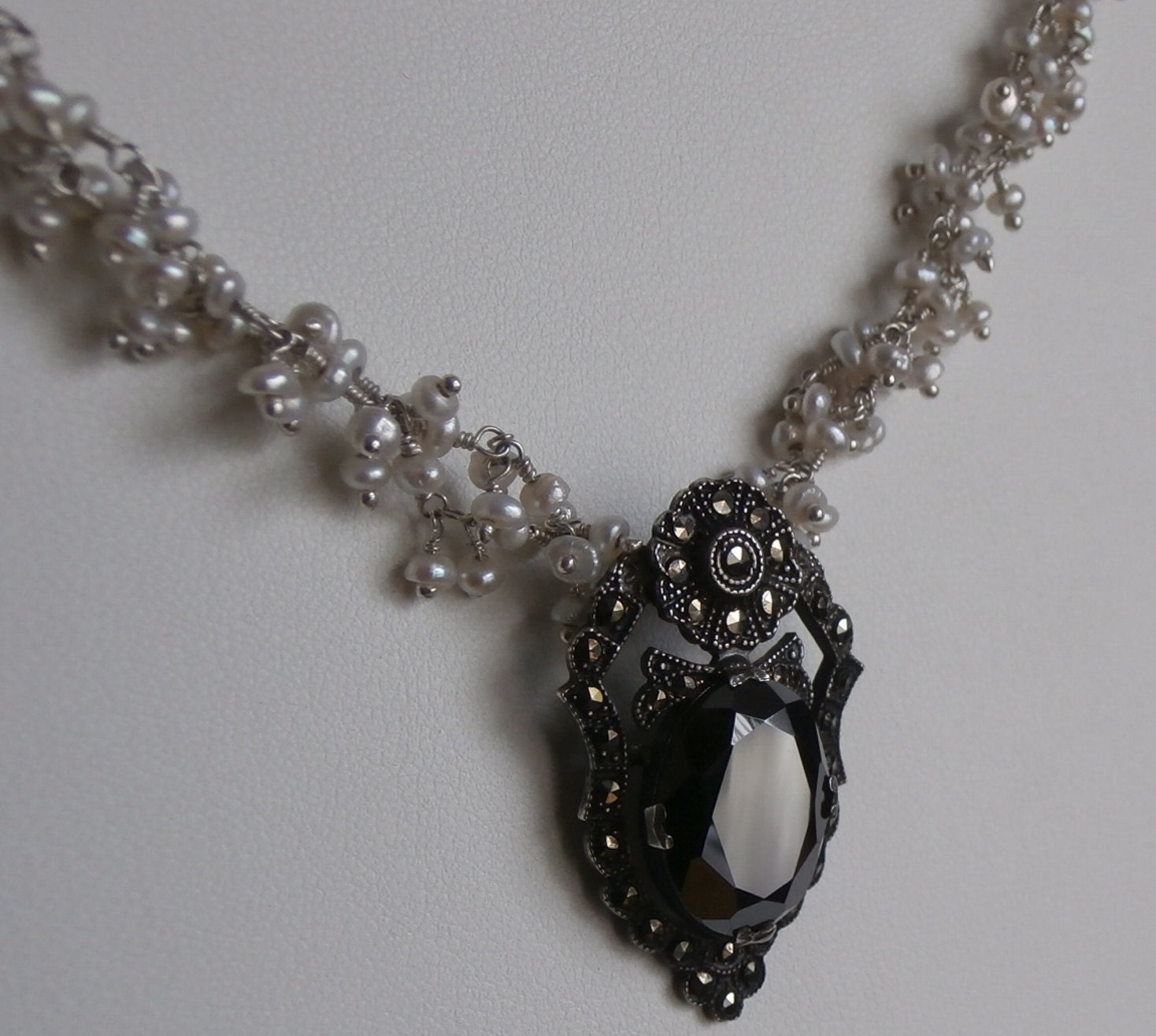 Victorian Art Deco Pendant Drop Necklace - Marcasite and Black Hematite in Sterling Silver - Freshwater Seed Pearls