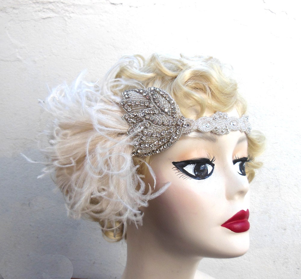 Bridal Head Piece, 1920's Flapper, Great Gatsby, Ivory White Feather Headband, Crystal Head Dress,  Batcakes Couture