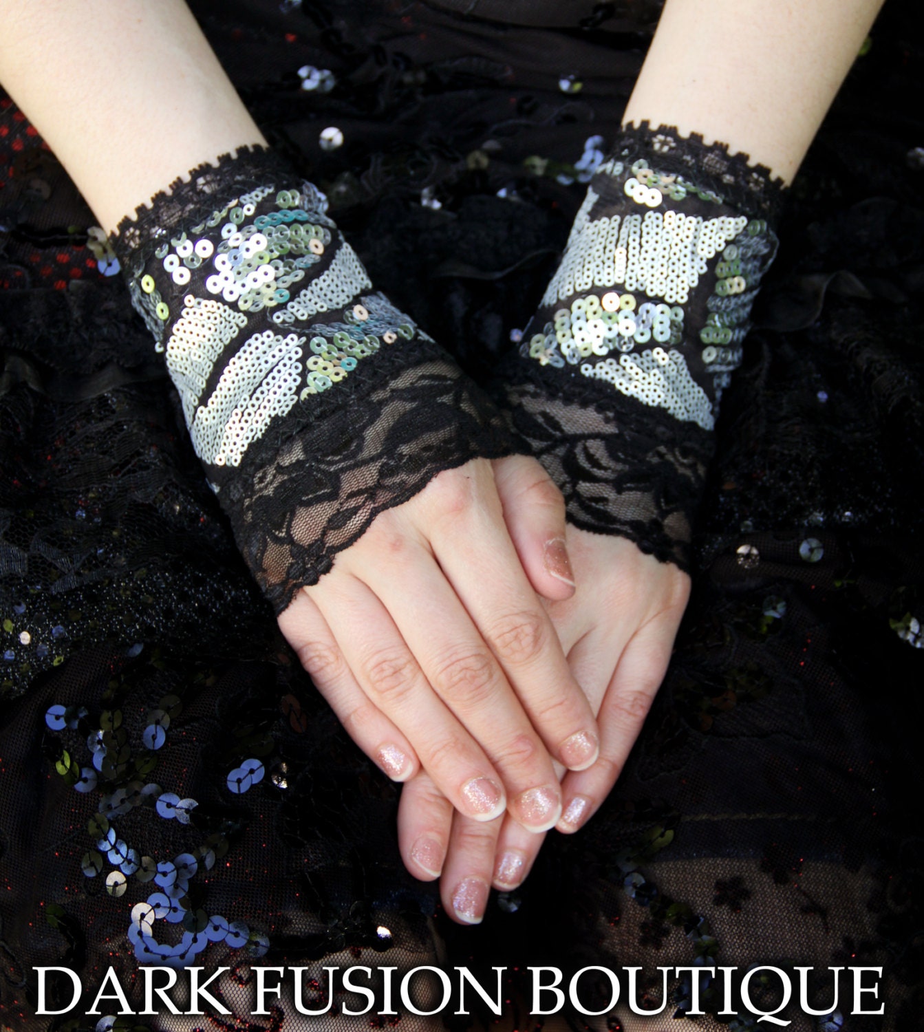 Armwarmers, Silver, Gray, Black, Noir, Circus, Hoop, Fusion, Gothic, Vampire, Bellydance, Dark Fusion Boutique, Lucretia Renee