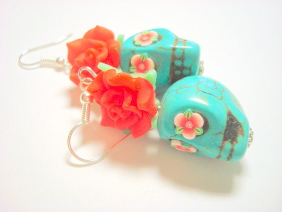 Red and Turquoise Day of the Dead Roses and Sugar Skull Earrings