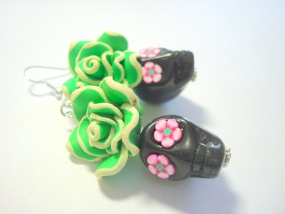 Green, Black, and Pink Day of the Dead Roses and Sugar Skull Earrings