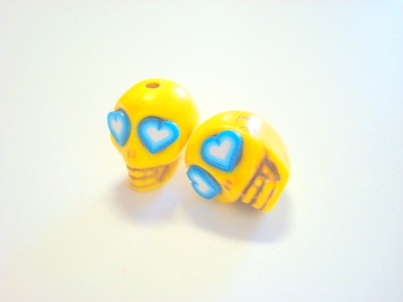 Blue Heart Eyes in Small Yellow Day of The Dead Sugar Skull Beads-12mm