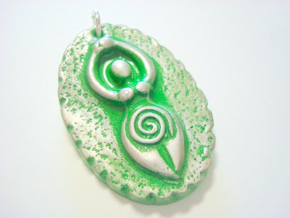 Green and Silver Earth Goddess Handmade Polymer Clay Pendant