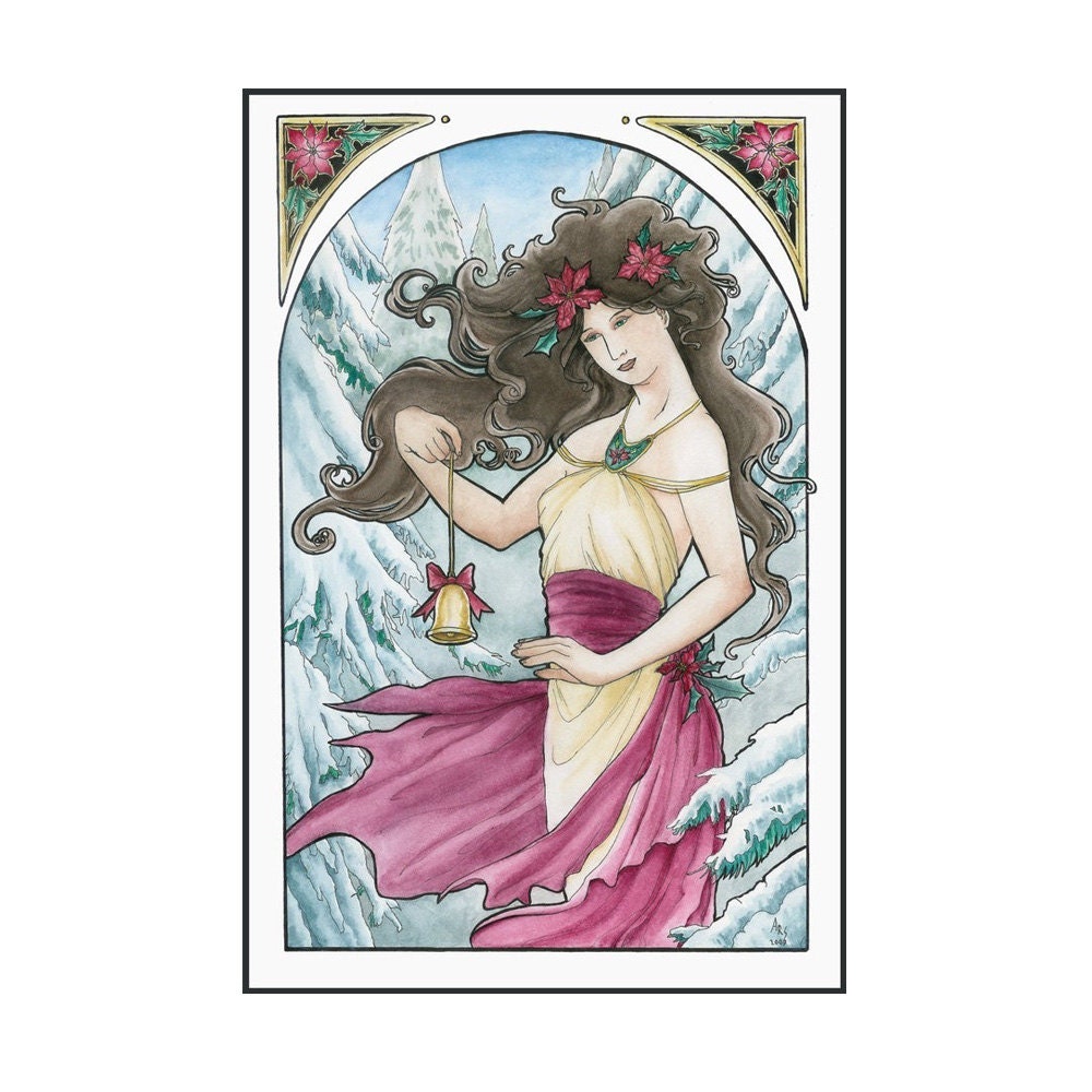 Holiday Nouveau Christmas Lady with Bell and Poinsettia Art Print CHOOSE YOUR SIZE