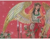 Angel of Noel with Poinsettia, Candles, and Garland Crown Art Print CHOOSE YOUR SIZE