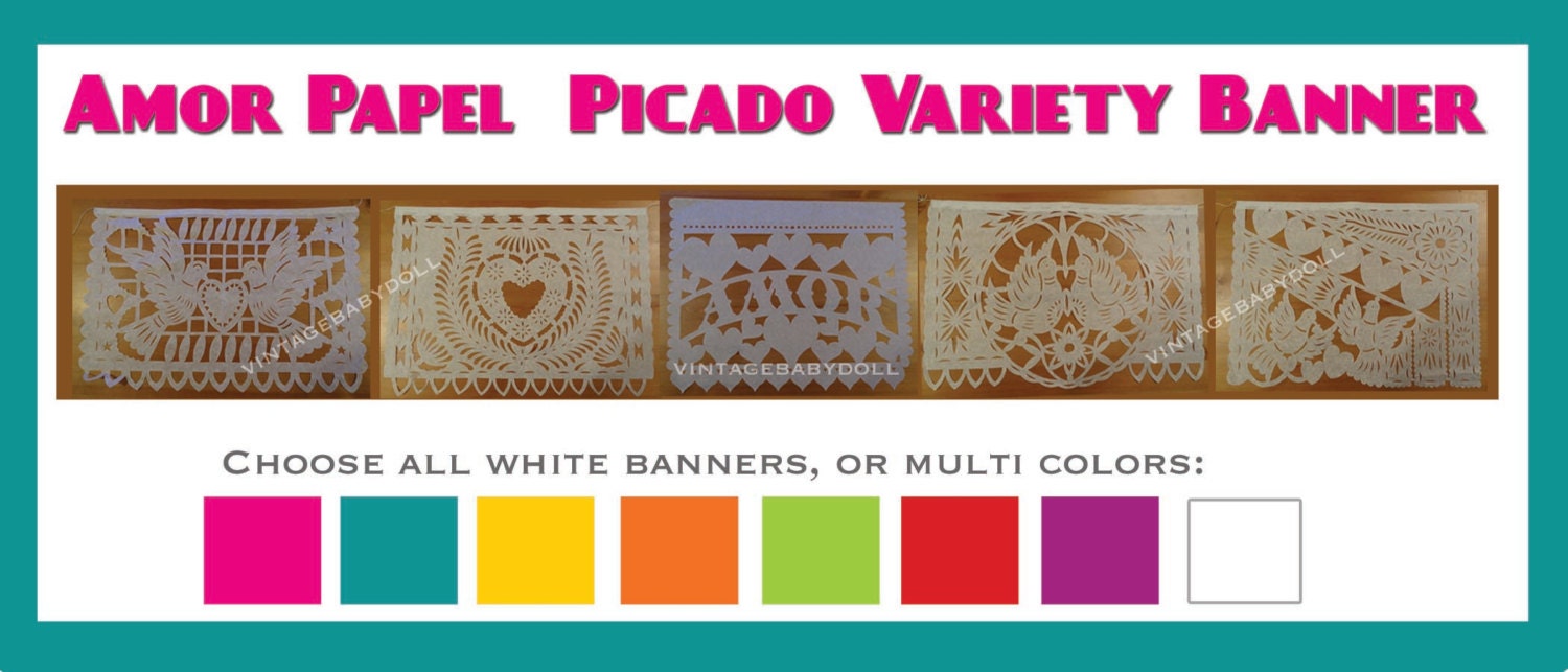 Wedding Banner (3 Pack) VARIETY Papel Picado Fiesta Wedding Flags - Mexican Hand Cut Tissue Paper Flags