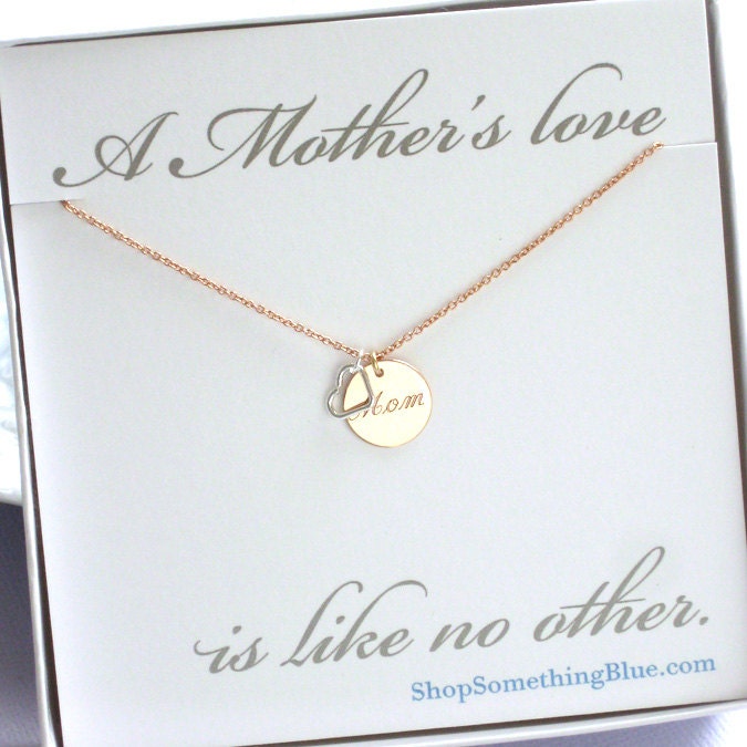 Mom Necklace, Engraved Script & Heart Charm in Rose Gold fill, New Mother, Baby Shower Gift, Mothers Day, Sentiment Card