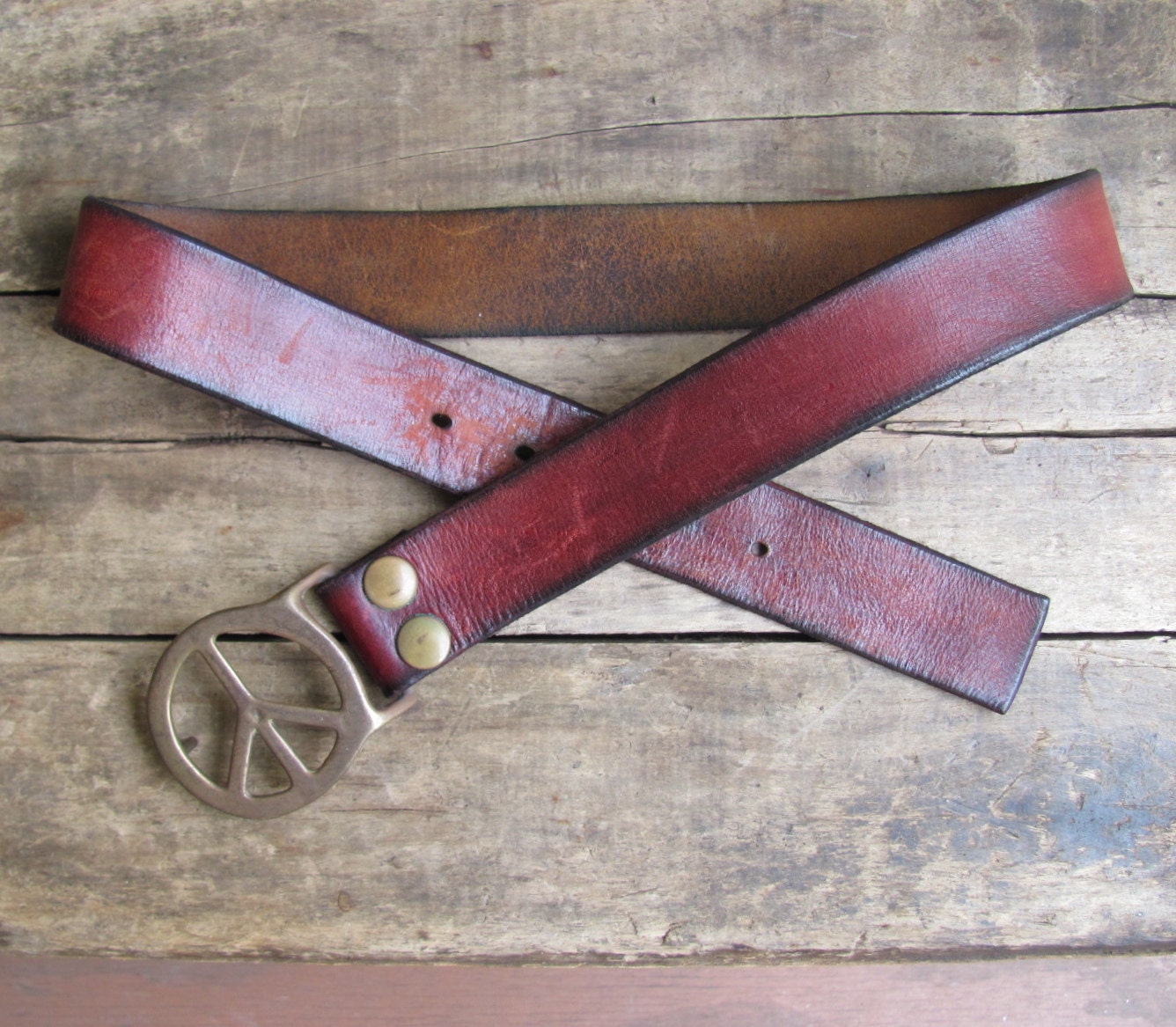 vintage c. 1960s-70s iconic hippie belt with brass peace sign buckle