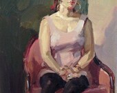 Fine art figure painting "The Pale Pink Dress" by Oregon artist Sarah Sedwick 8x10in