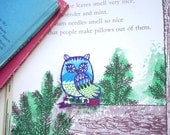 Blue Owl in the woodland - hand drawn brooch