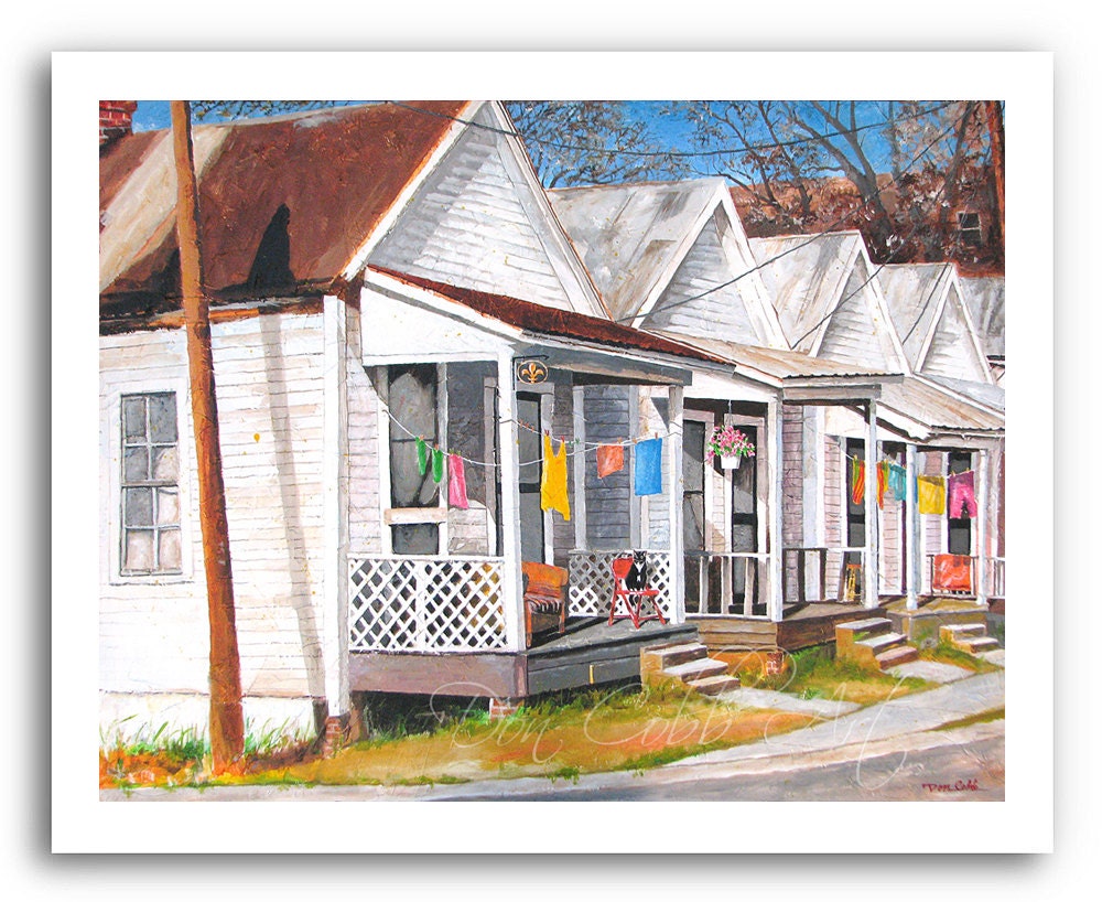 Louisiana Shotgun House Cat Fleur de Lis Clothesline 11x14" Art Print "Shotgun Alley Cat"