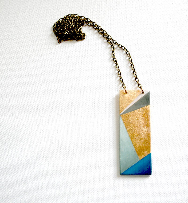 Geometric hand painted pendant - blue- aqua green - gold - large