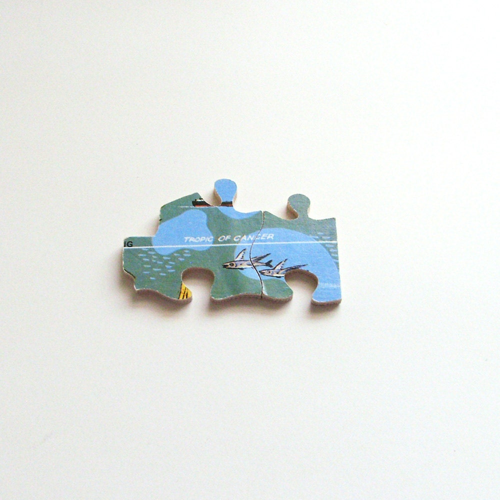Tropic of Cancer Brooch - Lapel Pin / Upcycled Vintage 60s UK Wood Puzzle Piece / Wearable History / OOAK / Blue - Green