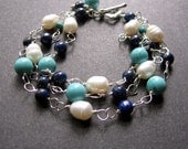 Turquoise Pearl Lapis Bracelet. Wire Wrapped Bracelet. Southwest Bracelet - Fiona