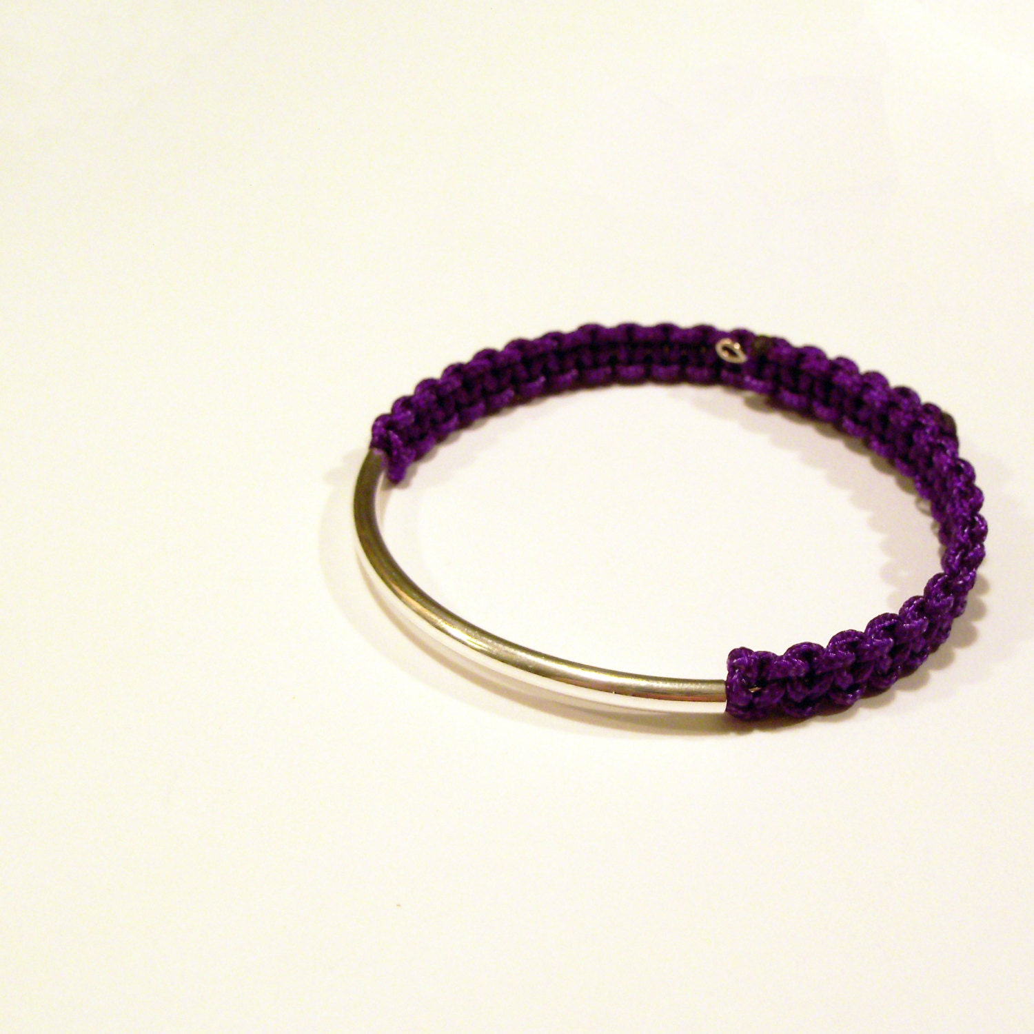 Dark purple silver bar rope bracelet on adjustable memory wire