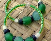 African Green Beaded  Big Hoop Earrings - Bohemian Jewelry - Rustic - Silver - stoneandbone