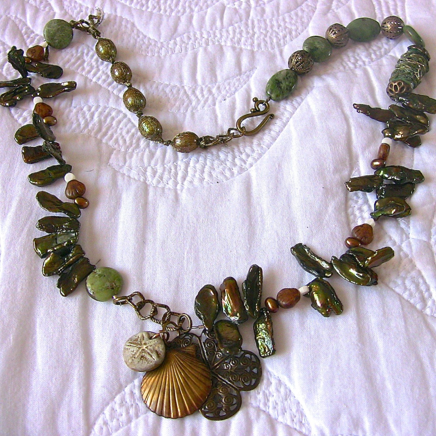 Green Necklace with Jasper, Pearls and Antique Brass, Handmade Artisan Gift
