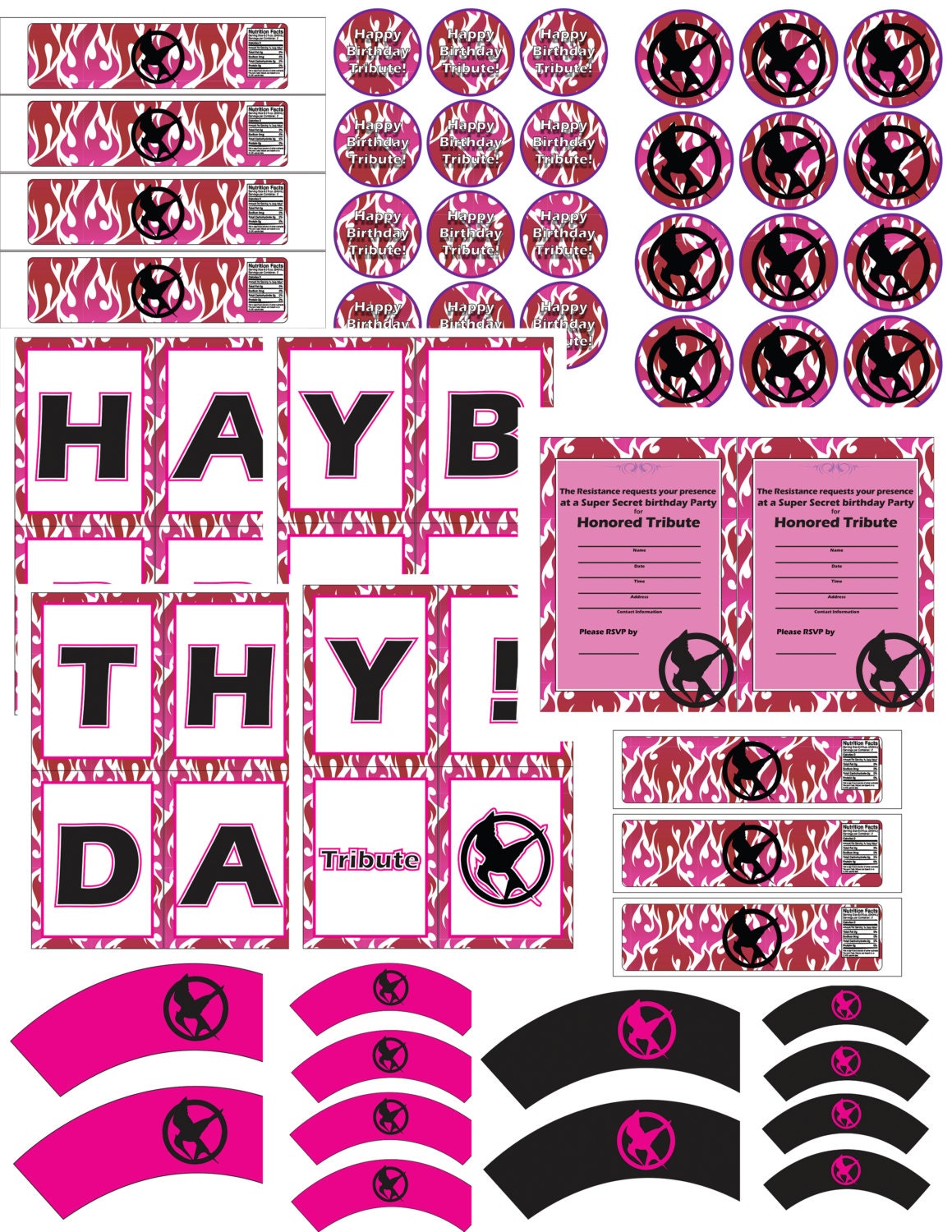 Hunger Games/Katniss Everdeen Inspire/Mocking Jay/ Resist Fire Theme Birthday Party Pack- Pink Blaze Tribute Boy or Girl- Digital