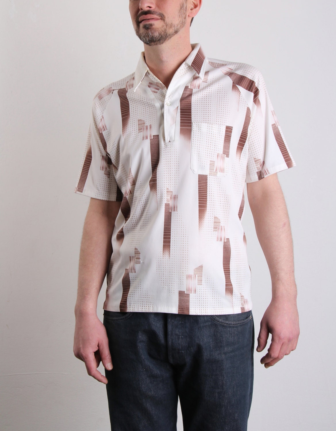Vintage Polo Shirt . 70s Brown and White Top