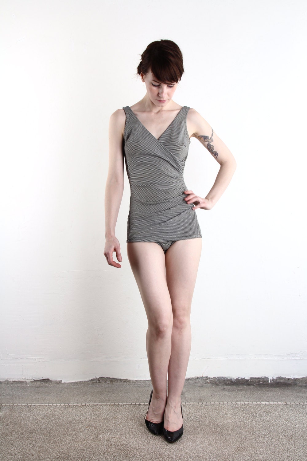 Vintage Swim Suit . Pin Stripes . Classic Beach Wear . 1960s