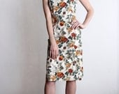 Vintage Wiggle Dress . Linen Floral Cocktail Gown . Mid Century Mod