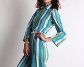 Vintage Jumper . Terrycloth Sea Blue Stripes . 1970s One Piece