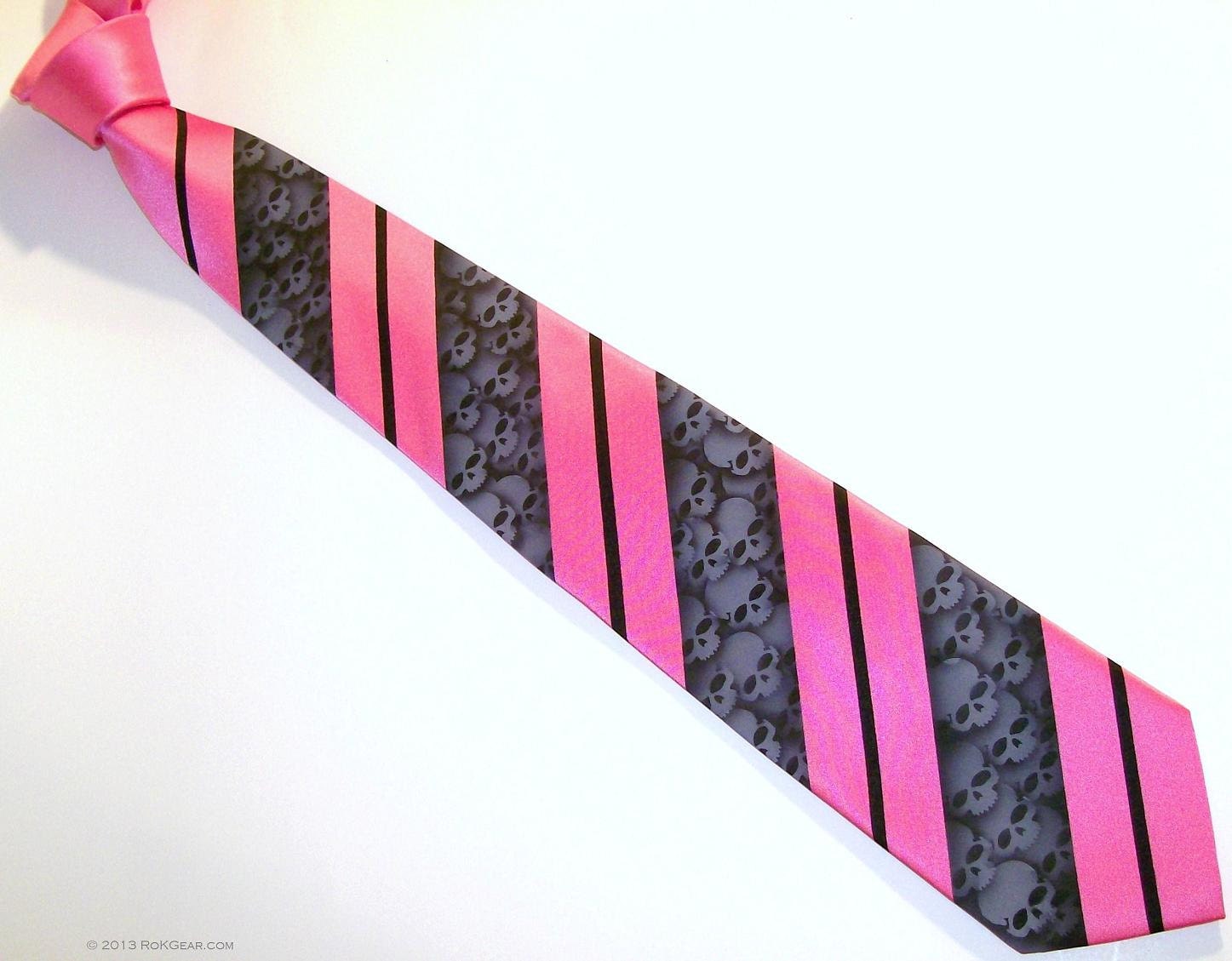 Mens skull tie, Hot Pink necktie Gray and Black skull stripes - FREE SHIPPING