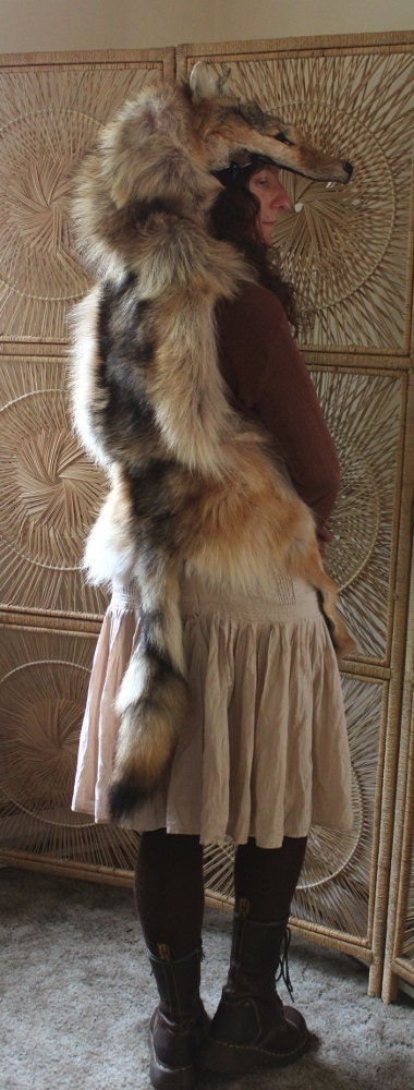 Wolf totem headdress - real red-brown wolf full skin fur totem dance costume headdress mask with all legs, paws and claws and fangs