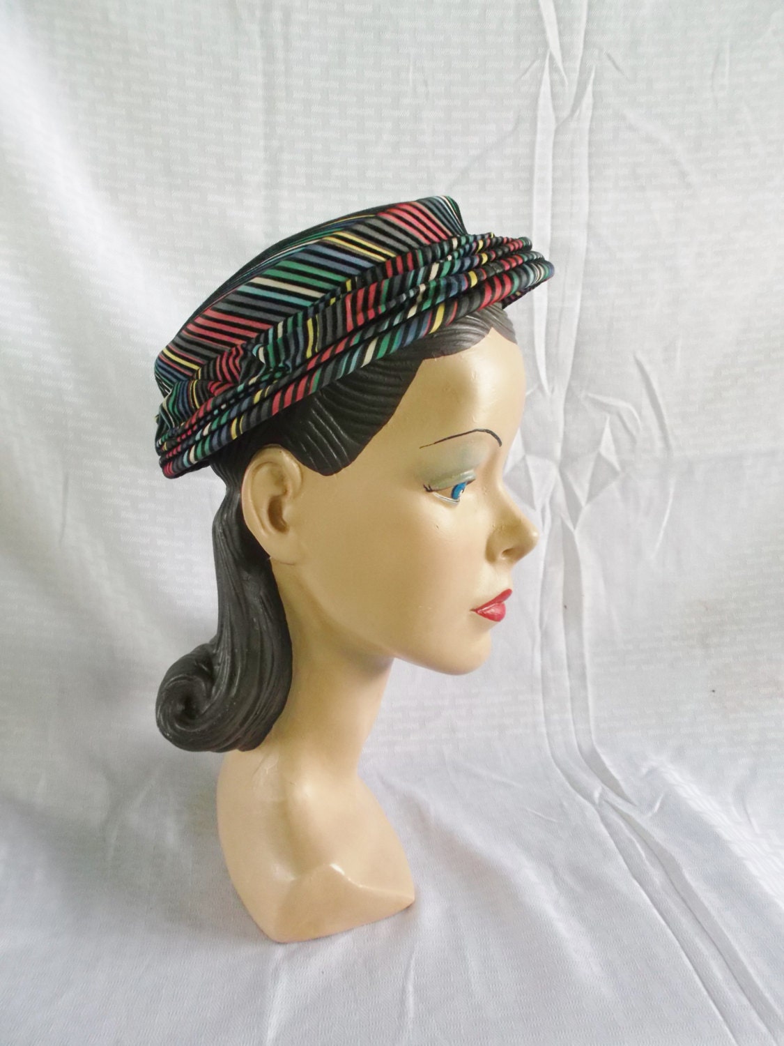 RESERVED FOR JETTEU 40's 50's Vintage Colorful Taffeta and Velvet Striped Hat