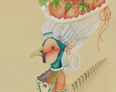 Strawberry Blossom Pheasant Bird French Alphabet Art, Letter F is for Faisan and Fraises, Marie Antoinette Style 5x7 Watercolor