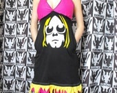 Grungy Kurt Cobain Neon Reconstructed T Shirt Mini Dress with Pockets Hot Pink and Yellow Size M  S