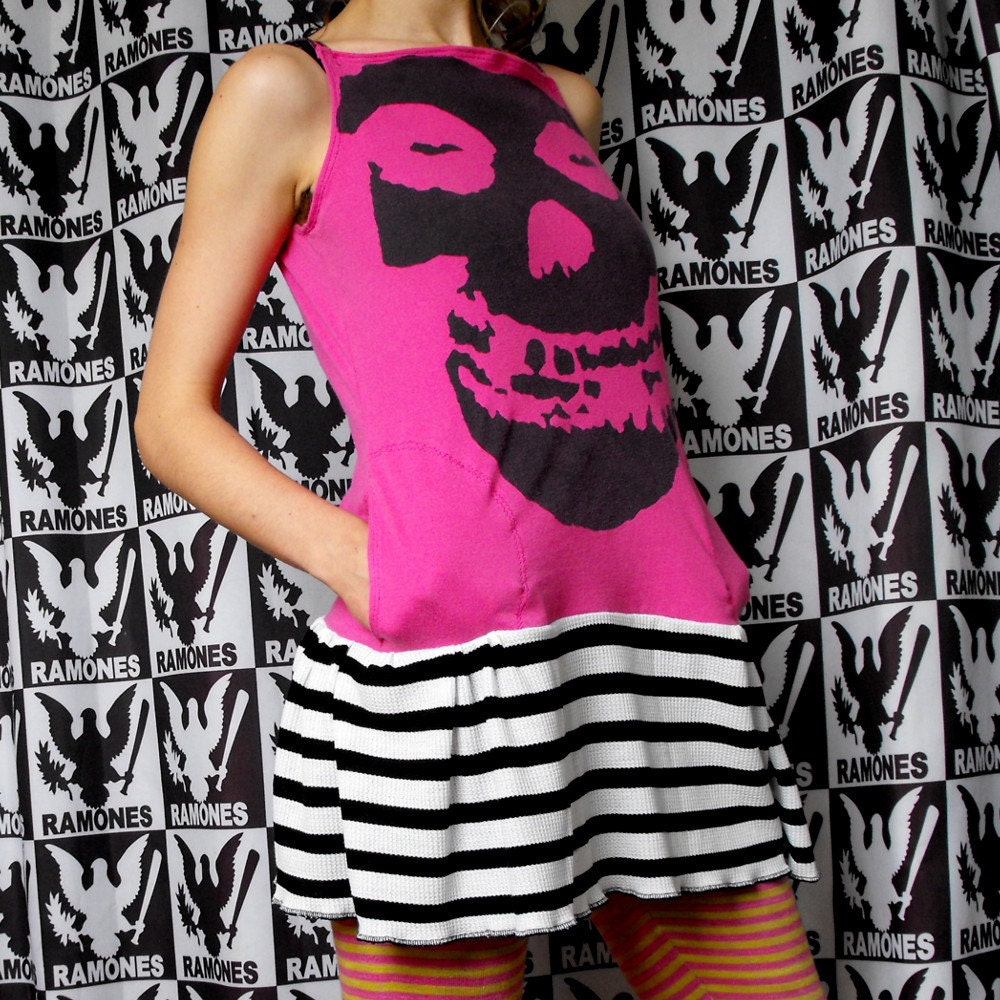 Misfits Mini Dress with Pockets Reconstructed T Shirt Hot Pink Black and White Stripes Size M / S