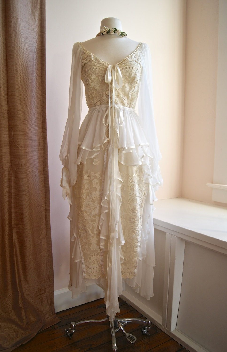 Vintage Lace Wedding Dress // 1970s Bohemian Wedding Dress Couture With Victorian Lace and Silk Chiffon