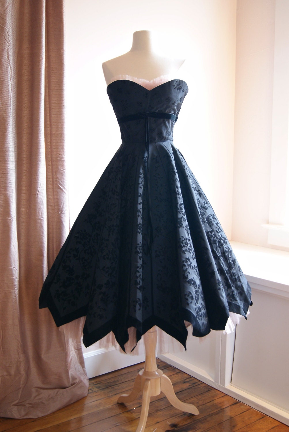 50s Dress // Vintage 1950s Strapless Pink and Black Flocked Party Dress with Zig Zag Hem