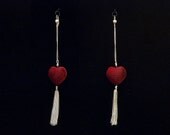 long red velvet hearts and bright silver chain tassel earrings