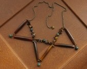 earth toned three point necklace with carved horn, tiger's eye and green stone beads on antique bronze toned chain // nickel free jewelry