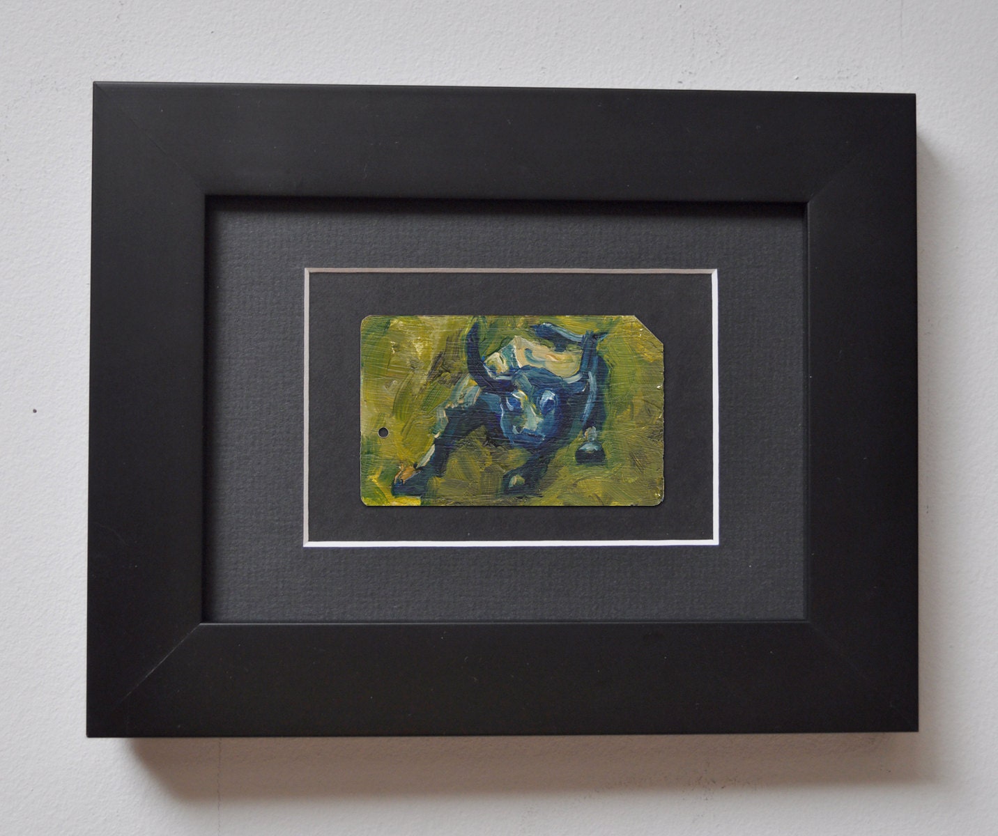 Art Oil Painting New York City Wall Street Bull on Recycled NYC Subway Card