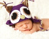 Crochet Owl Eaflap Beanie wtih Ties braid purple brown eyes animal eggplant cap hat beak twist prop shower baby child toddler beanie ears