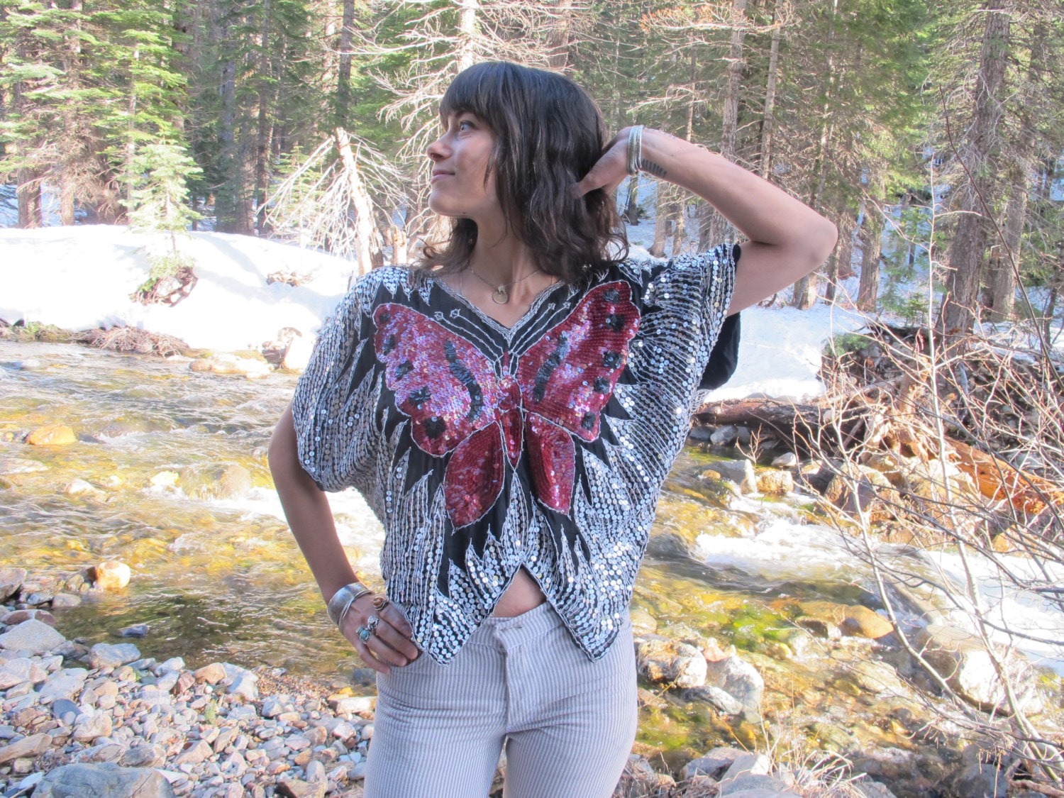 Vintage Sequin Silk Butterfly Top