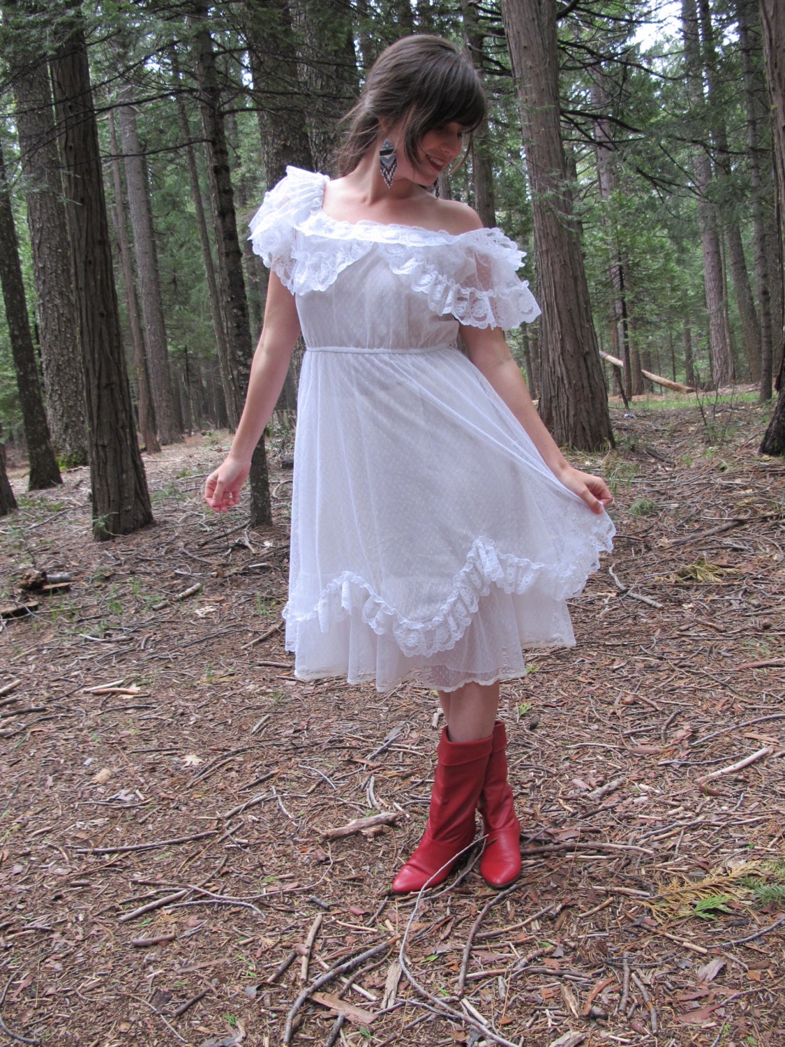 White Lace Off Shoulder Vintage Romantic Boho Peasant Dress