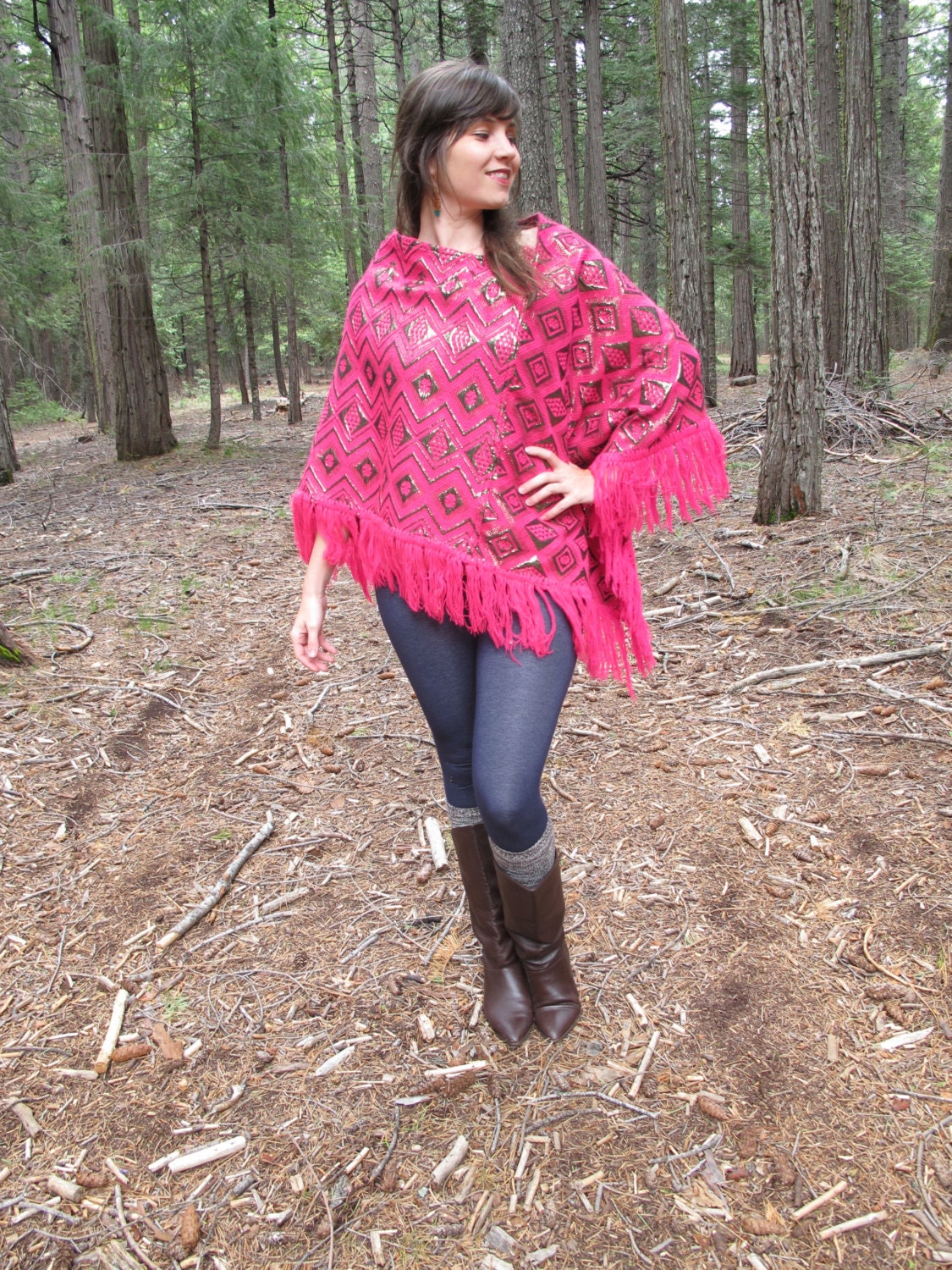 Geometric Pink & Gold Vintage Fringe Poncho