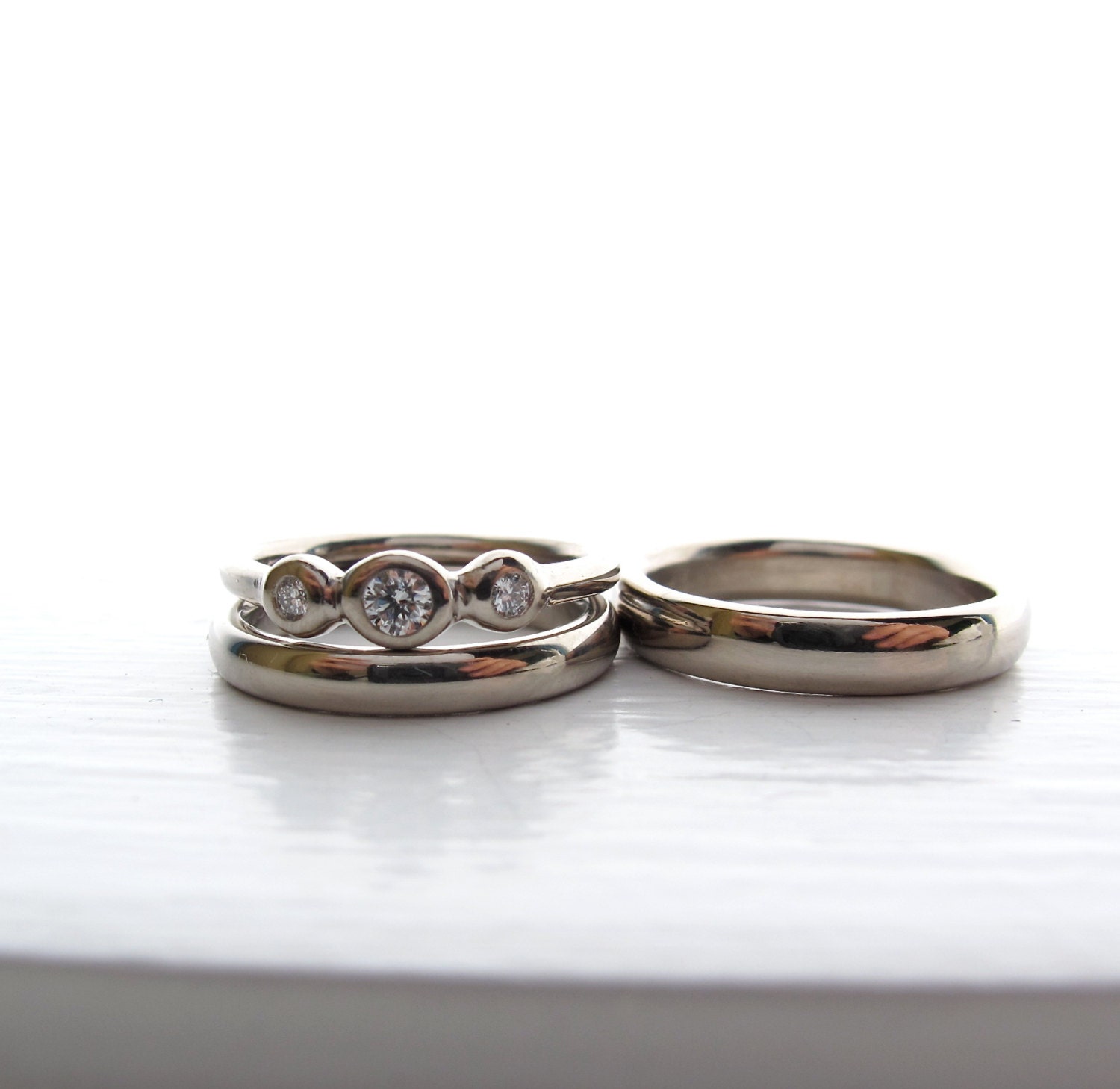 His and Hers  Wedding set - White Gold and Diamond 3 stone ring