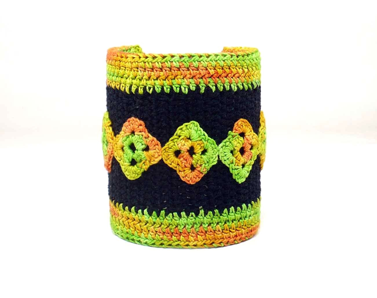 Crochet Cuff Bracelet Tribal Bracelet Diamond Motif Black Orange Spring Green Yellow Ethnic Bracelet